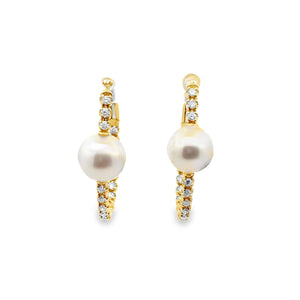 14k Yellow Gold Pearl and White Diamond Earrings