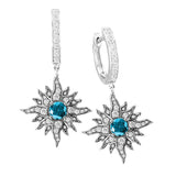 14 Karat White Gold Caribbean Sun Diamond Dangling Earrings with Blue Diamond