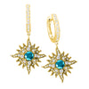 14 Karat Yellow Gold Caribbean Sun Diamond Dangling Earrings with Blue Diamond