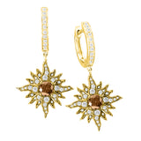 14 Karat Yellow Gold Caribbean Sun Diamond Dangling Earrings with Natural Brown Diamond