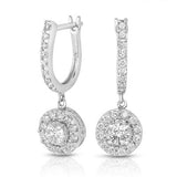 14K gold and white diamond dangle earrings, stunning 0.93 total carat weight.