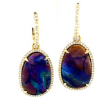 Natural Black Opal Earrings with Diamond Halo set in 14 Karat Yellow Gold
