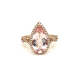 Pear Shape Morganite Ring with Diamond Halo in 14 Karat Rose Gold