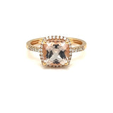 Cushion Shape Morganite Ring with Diamond Halo in 14 Karat Rose Gold